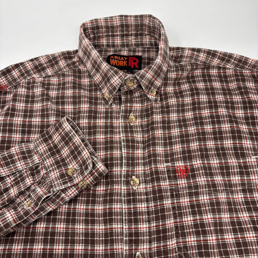 Ariat Work FR Mens Medium Brown Red Plaid Check Long Sleeve Flannel Shirt